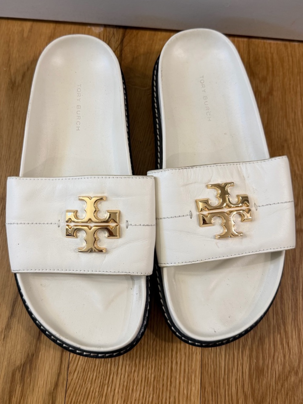 Tory Burch White Leather Slides with Gold Logo Accent